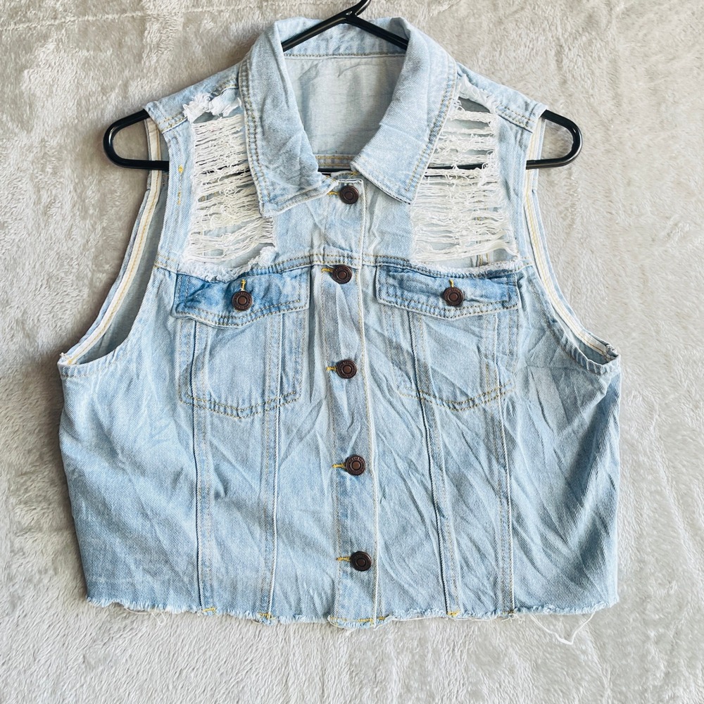 SHEIN Denim Vest Womens L Light Wash Distressed Raw Hem Sleeveless Jean Jacket